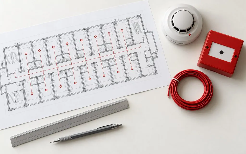 A fire alarm layout of a hotel floor with red detector symbols, a smoke detector, a red manual call point and a coil of red cable on a desk