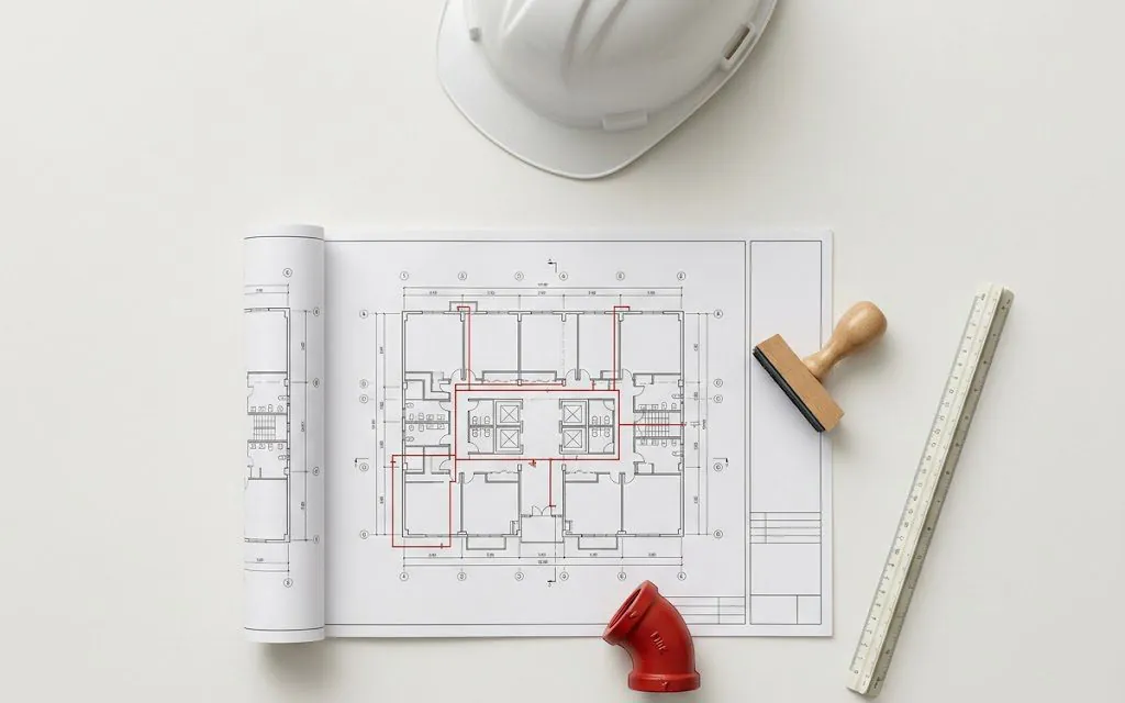 Building plans with fire protection lines, a stamp, a scale ruler and a hard hat on a desk