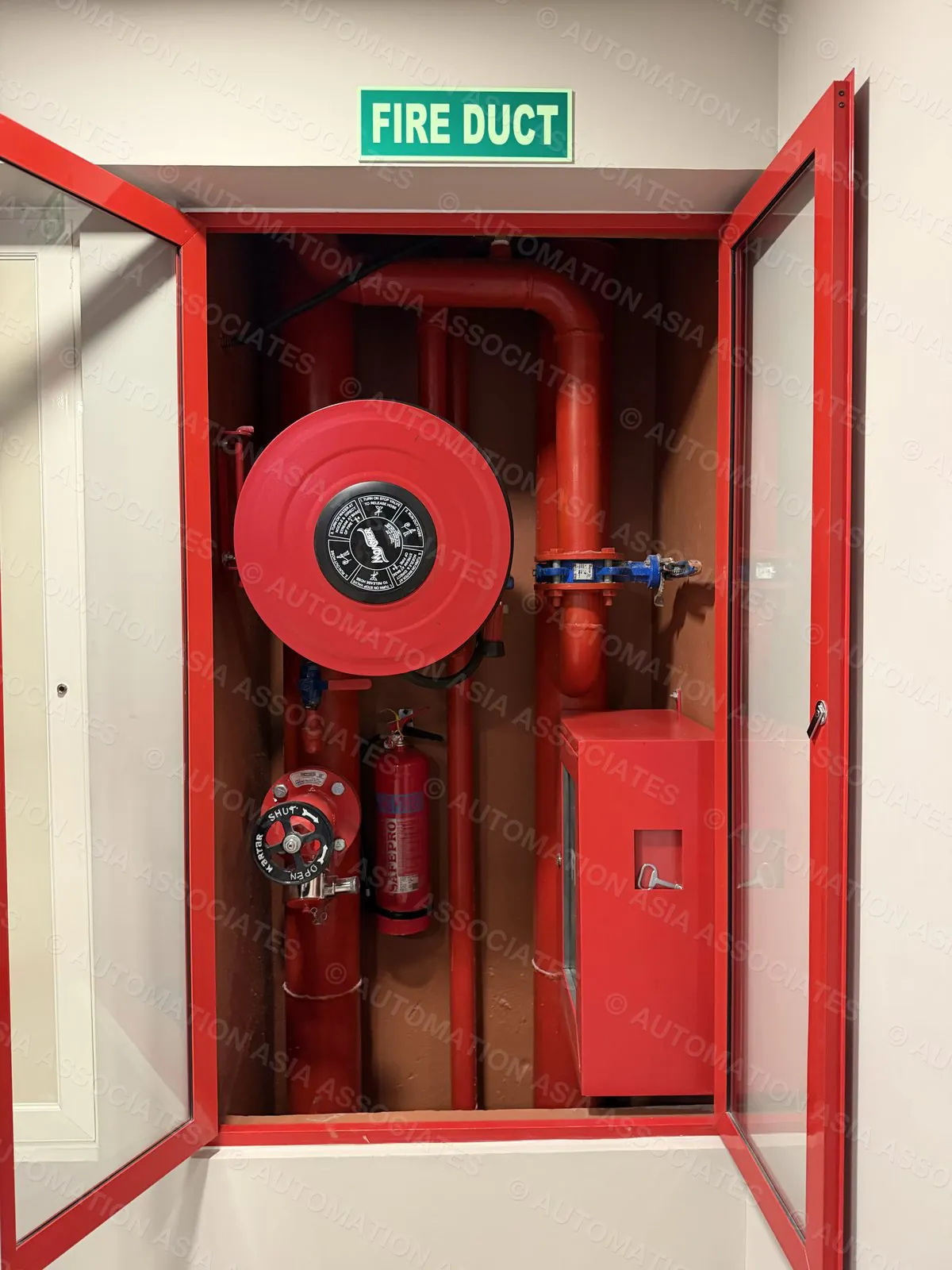 Fire duct with hose reel, landing valve and extinguisher, installed by Automation Asia Associates at Ever, Thiruvananthapuram